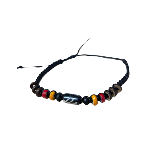 Aboriginal Painted Bead Adjustable Black Braided Wristband - 3 Colour (13 Beads)