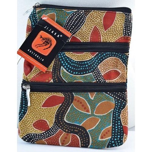Jijaka Aboriginal Art 3 Zip Canvas Shoulder Bag - Tea Tree