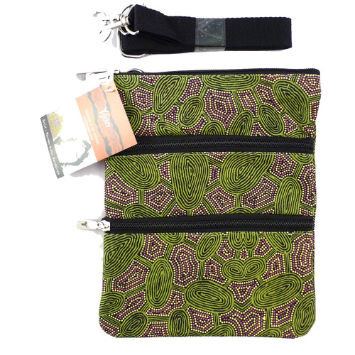 Yijan Aboriginal Art 3 Zip Canvas Shoulder Bag - Women Travelling Dreaming (Green)