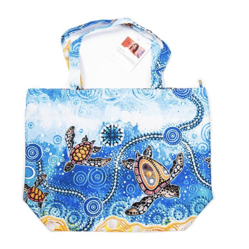 Chern'ee Sutton Aboriginal Art Canvas Beach Bag (38x50x15cm) - Turtle