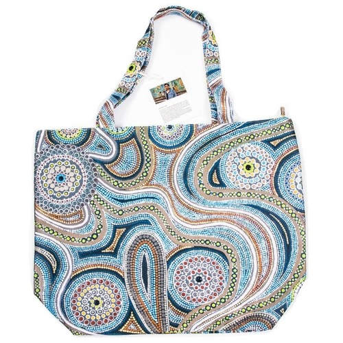 Lee Anne Hall Aboriginal Art Canvas Beach Bag (38x50x15cm) - My Country [Green/Grey]