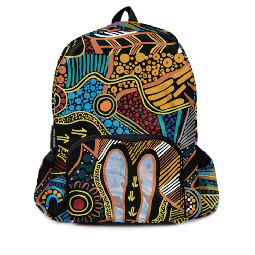 Justin Butler Aboriginal Art Fold Up Backpack - The Dingo and the Kangaroo Storyline