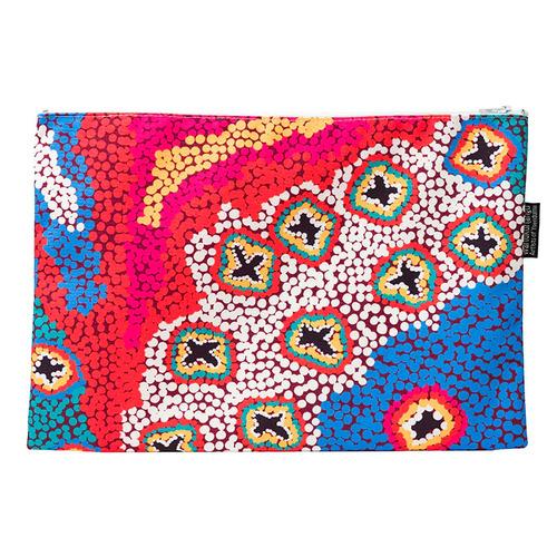 Warlukurlangu Aboriginal Art Poly Cotton Large Zip Bag  (29cm x 20cm) - Green Budgerigar Dreaming