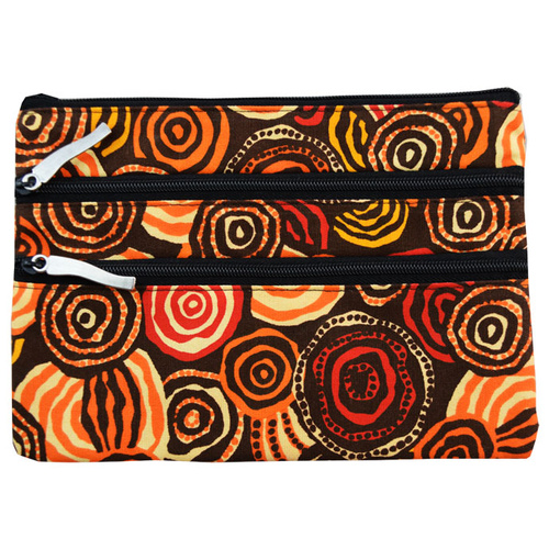 Jijaka Aboriginal Dot Art 3 Zip Cosmetic Purse - Riverstones (Orange)