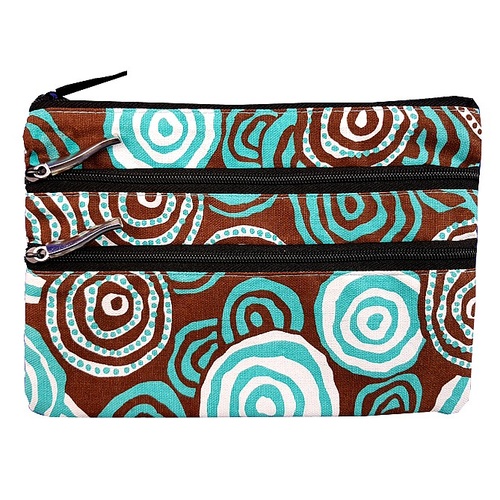 Jijaka Aboriginal Dot Art 3 Zip Cosmetic Purse - Riverstones (Turquoise)