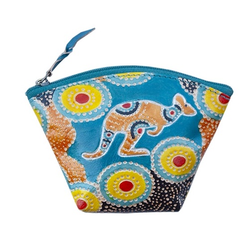 Nanda Girl Aboriginal Art Leather Coin Purse [12cm x 8cm] - Kangaroo in the Murchison
