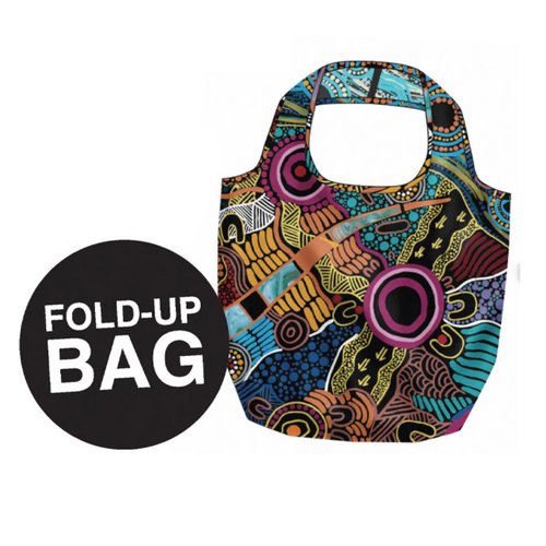 Justin Butler Aboriginal Art Fold Up Nylon Shopping Bag - The Dingo and the Kangaroo Storyline