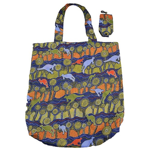 Jijaka Aboriginal Art Folding Nylon Shopping Bag - Kangaroo Journey