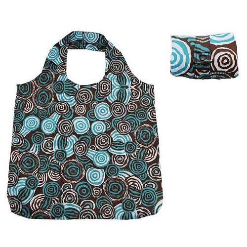 Jijaka Aboriginal Art Folding Nylon Shopping Bag - Riverstones (Teal)