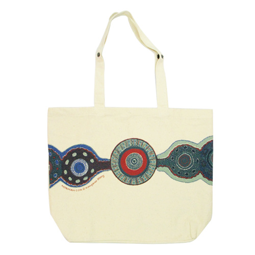 Outstations Aboriginal Art Folding Calico Bag  - Kangaroo Story [Colour: Blue]