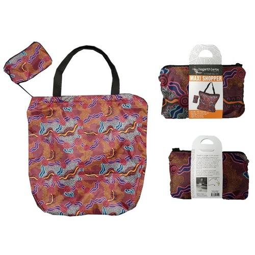 Hogarth Aboriginal Art Nylon Folding MAXI SHOPPER Shopping Bag - Salt Lake Journey