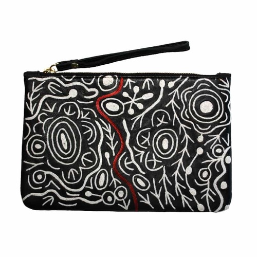 Aboriginal Art Embroidered Women's Leather Clutch Bag - Ngarindjerri Country