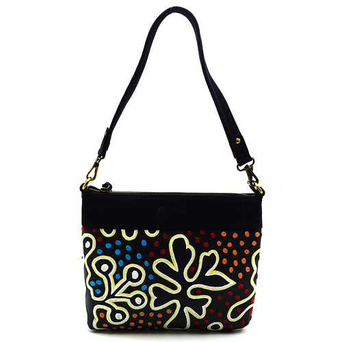 Better World Aboriginal Art Leather Embroidered Handbag (30cm x 24cm) - Yam and Bush Tomato Dreamings