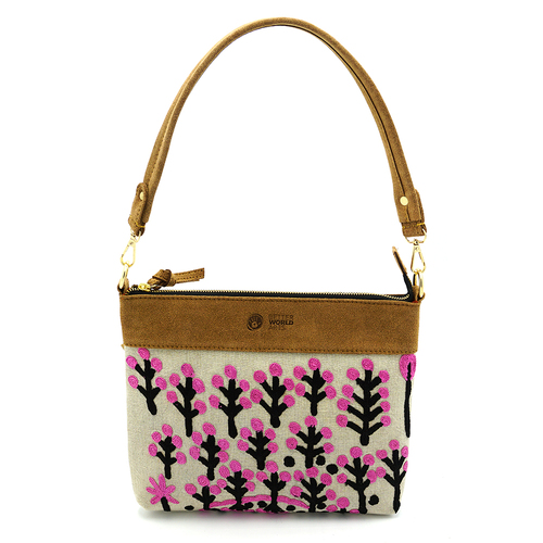 Better World Aboriginal Art Velvet/Linen Embroidered Handbag (30cm x 24cm) - Kurlkura Trees