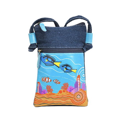 Diwana Dreaming Genuine Leather/Denim Canvas "Hippie" Bag (13 X 19cm) - Blue Tang Serenade
