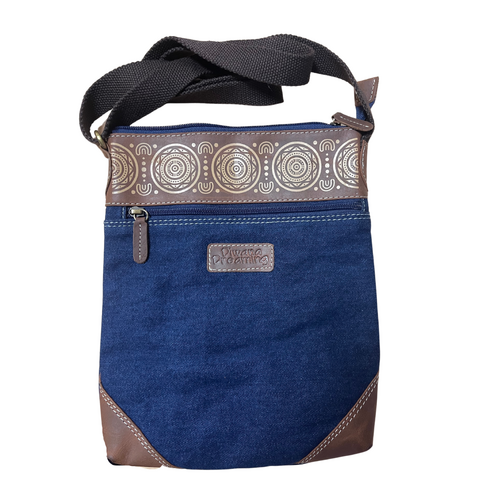 Diwana Dreaming Cotton Genuine Vintage Leather /Denim Blue Canvas Shoulder Bag (30x25x5) - Source of Life (Sunrise)