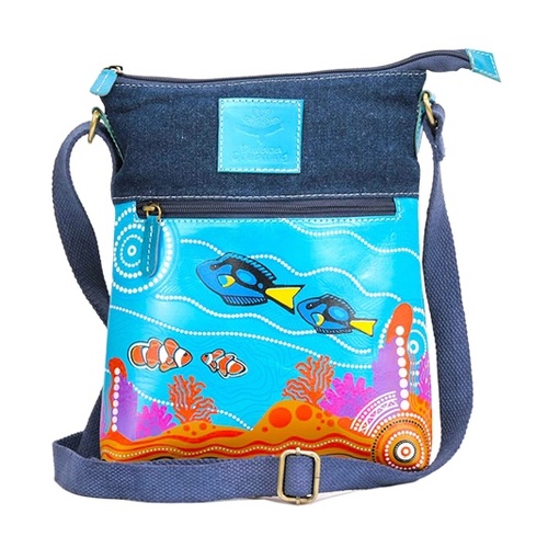 Blue Tang Seranade Leather/Black Canvas XBody Shoulder Bag (26cm x 20cm) - Diwana Dreaming 