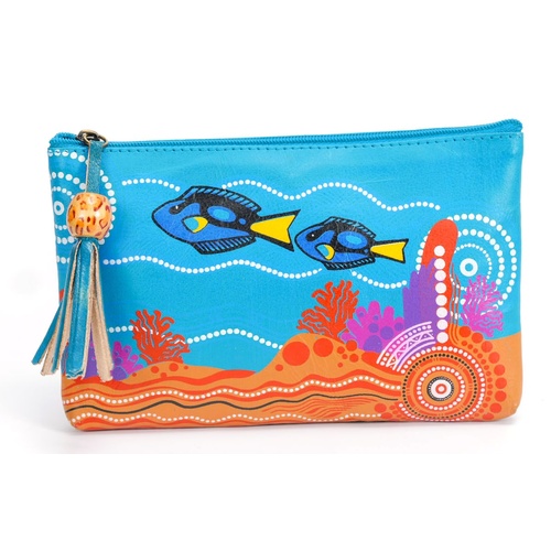 Diwana Dreaming GenuineTan Leather Small Vanity Case/Purse (18cm x 11cm) - Coral Reef Blue Tang Beauty