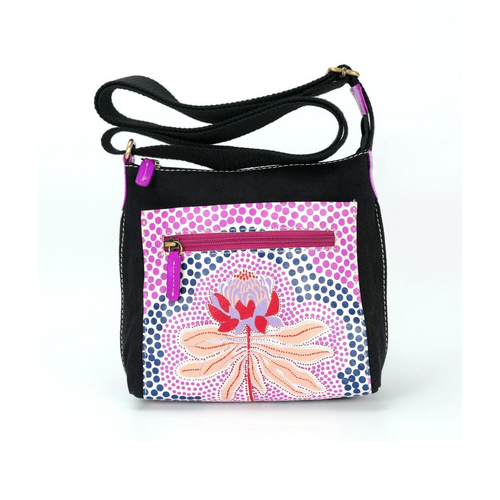 By Meeka Leather/Black Canvas XBody Shoulder Bag (20 X 22cm) - Waratah