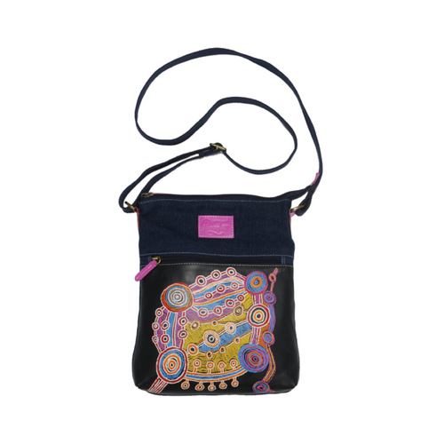 Patricia Fatt Leather/Black Canvas XBody Shoulder Bag (26cm x 20cm) - Rocks and Waterholes