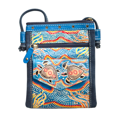 Muralappi Journey Genuine Leather/Blue Canvas "Hippie" Bag (17cmx20cm) - Sea Turtles