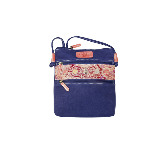 Muralappi Journey Genuine Leather/Blue Canvas Small Shoulder Bag (26cm x 23cm) - Desert in Bloom