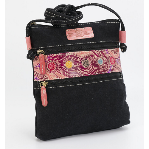 Muralappi Journey Genuine Leather/Black Canvas Small Shoulder Bag (26cm x 23cm) - Desert in Bloom