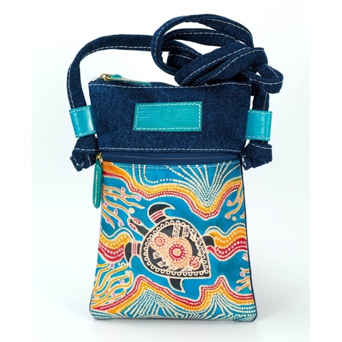 Muralappi Journey Genuine Leather/Denim Canvas "Hippie" Bag (13 X 19cm) - Sea Turtles