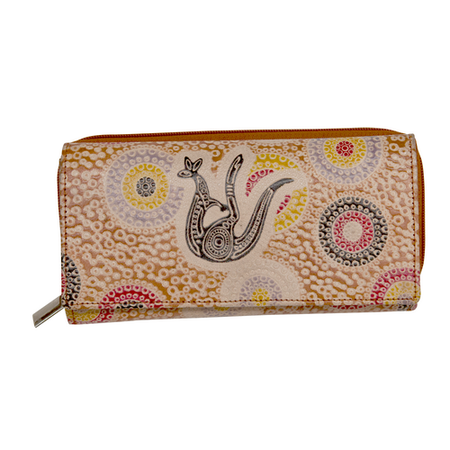 Muralappi Journey Genuine Tan Leather Ladies Tri-Fold Wallet (11cm x 21cm) - Kangaroo in Summer Flowers