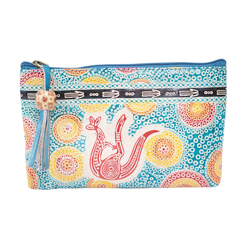 Muralappi Journey Genuine Leather Small Vanity Case (18cm x 11cm) - Kangaroo in Summer Flowers (Aqua)