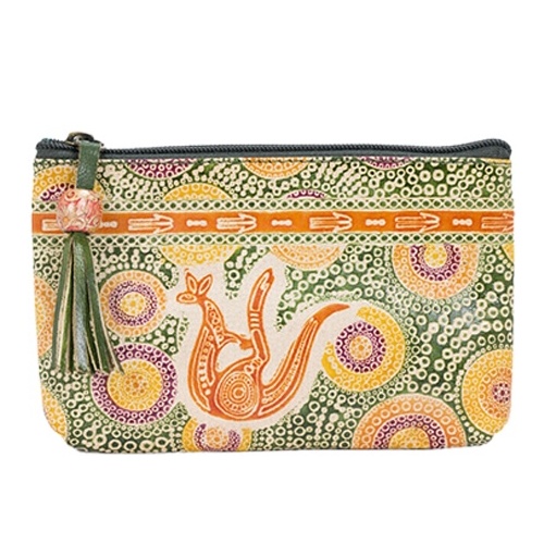 Kangaroo in Summer Flowers (Green) - Muralappi Journey Genuine Leather Small Vanity Case (18cm x 11cm) 