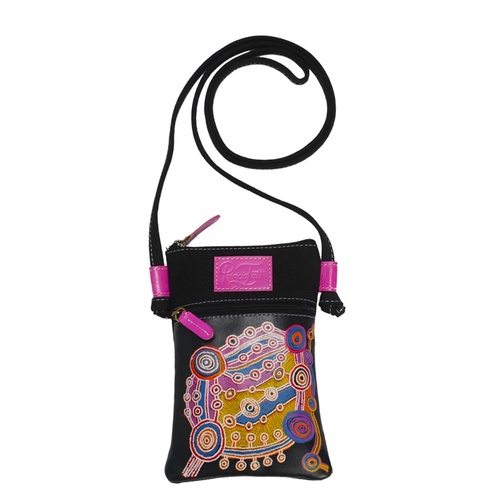 Rocks & Waterholes [Black] Leather/Canvas Compact Sling/Shoulder Bag (19cm x 13cm) - Patricia Fatt