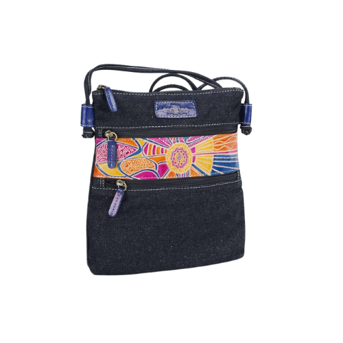 Yakinno Gunditjmara Dreaming Leather/Denim Canvas XBody Shoulder Bag (26cm x 23cm) - Road to Freedom