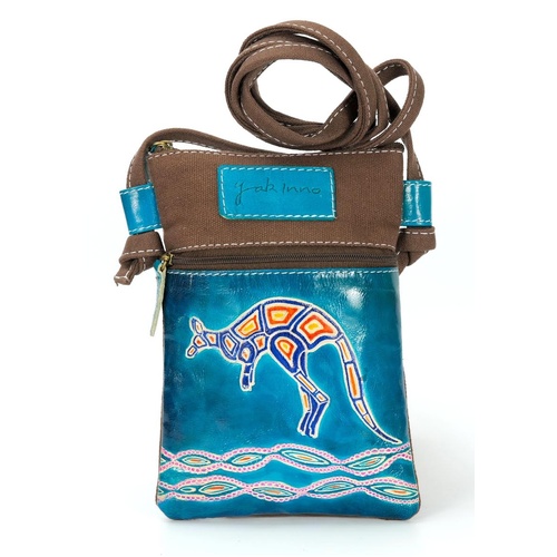 River Kangaroo - Yakinno Gunditjmara Dreaming Aqua Leather/Brown Canvas XBody Hippie Bag (13cm x 19cm)