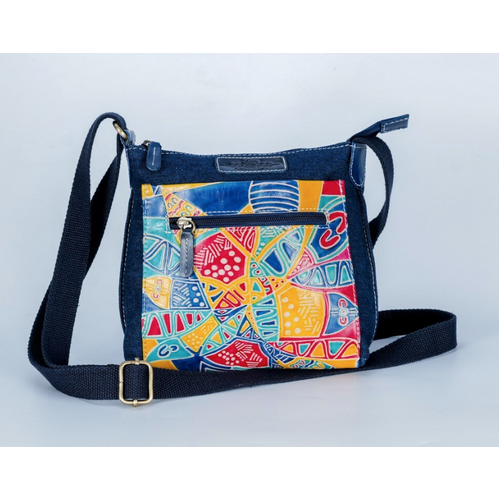 Connecting with Land [Denim] Leather/Mulit Canvas XBody Shoulder Bag (23cm x 22cm) -  Yakinno Gunditjmara Dreaming
