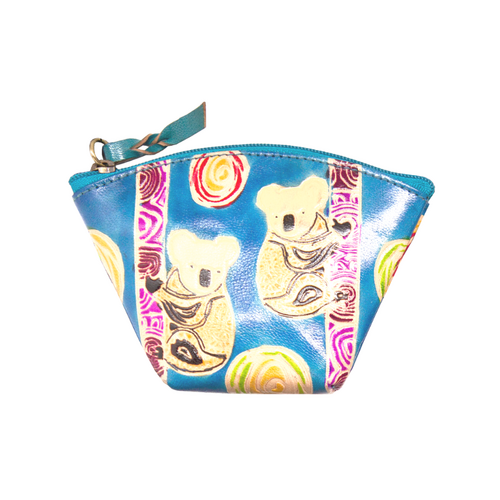 Yakinno Gunditjmara Dreaming Genuine Small Leather Small Coin Purse (12cm x 8cm) - Koala Mates (Tan) [colour: Aqua]