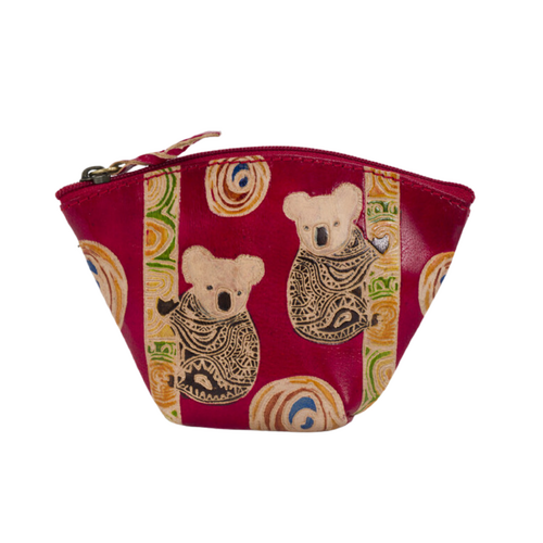 Yakinno Gunditjmara Dreaming Genuine Small Leather Small Coin Purse (12cm x 8cm) - Koala Mates (Tan) [colour: Red]