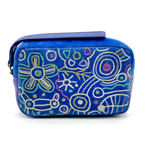 Better World Aboriginal Art Women's Leather Embroidered Toiletry Bag - Milky Way Dreaming