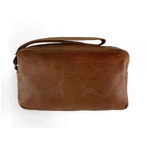 Better World Aboriginal Art Men's Leather Embossed Toiletry Bag - Sandhills (Tan)