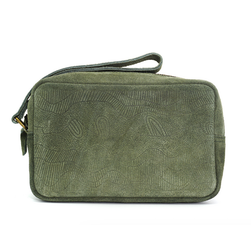 Better World Aboriginal Art Men's Suede Embossed Toiletry Bag - Sandhills (Green)