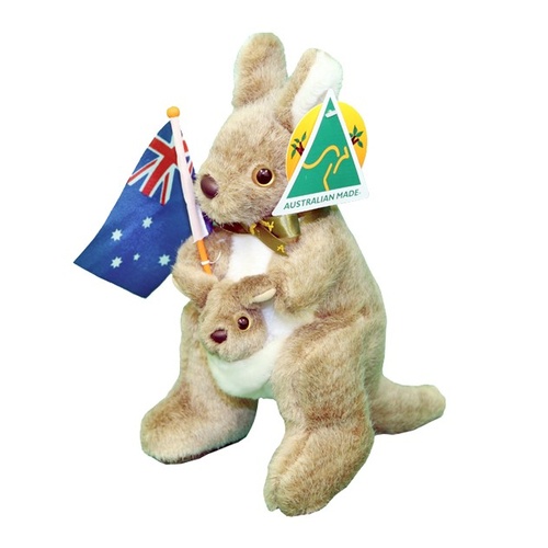 Australia Made Traditional Plush Toy - Kangaroo & Joey (10") with Flag
