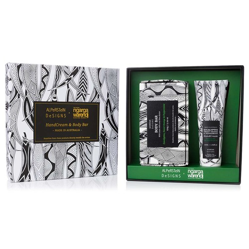 Dancing Wombat Aboriginal Art Eucalyptus, Sweet Orange & Peppermint Handcream & Soap Giftbox Set - Leaves