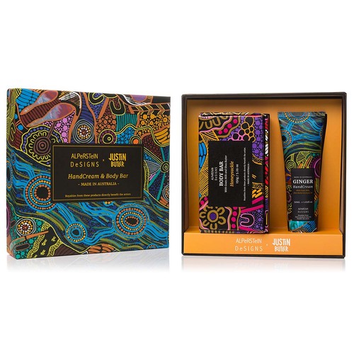 Justin Butler Aboriginal Art Ginger & Honeysuckle Handcream & Soap Giftbox Set - the Dingo & the Kangaroo Story