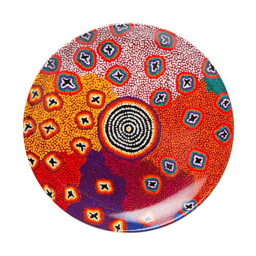 Warlukurlangu Aboriginal Art 10" Round China Dinner Plate - Green Budgerigar Dreaming