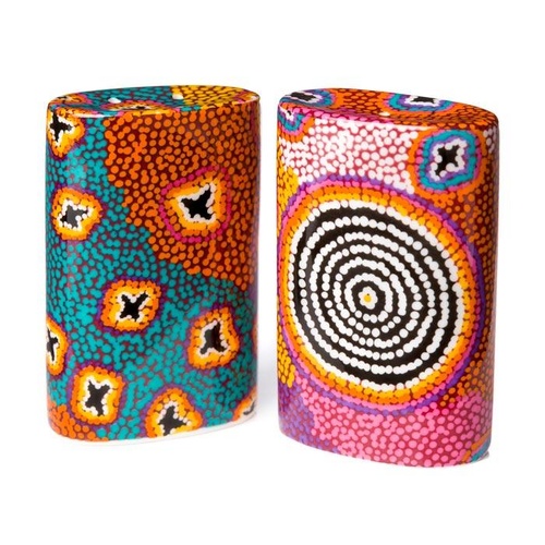 Warlukurlangu Aboriginal Art Fine Bone China Salt n Pepper Shakers - Green Budgerigar Dreaming