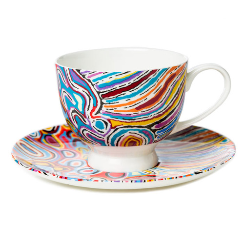 Warlukurlangu Aboriginal Art Fine Bone China Tea Cup & Saucer Set - Mina Mina Dreaming (Blue)