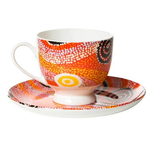 Warlukurlangu Aboriginal Art Fine Bone China Tea Cup & Saucer Set - Fire Dreaming