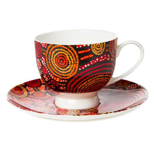 Warlukurlangu Aboriginal Art Fine Bone China Tea Cup & Saucer Set - Emu Dreaming