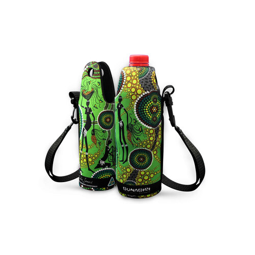 Bunabiri Aboriginal Art Neoprene Water Bottle Cooler - Hunters & Gatherers Rainforest