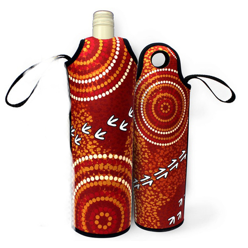 Bunabiri Aboriginal Art Neoprene Wine Bottle Cooler - The Dry Season (Red)